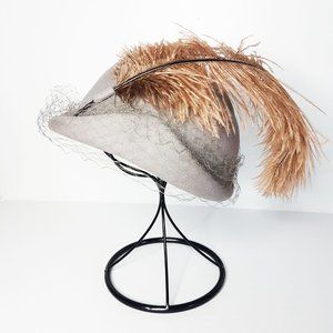 1960s Grey Wool Feather Hat, Mid-Century Grey Andre Designer Wool Hat